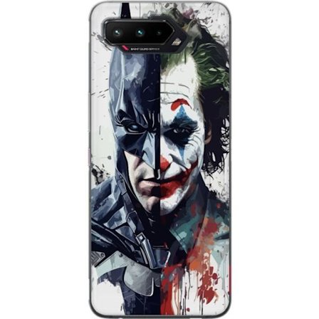 Kompatibelt Mobilskal till Asus Asus ROG Phone 5 Delat porträtt av Batman och Joker i dramatisk illustration, ikoniskt superhjältemotiv med mörk ko
