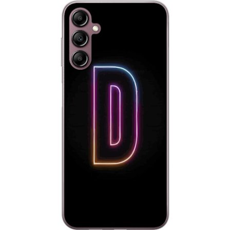 Kompatibel Mobilcover til Samsung Samsung Galaxy A14 5G Minimalistisk neonbogstav D i farveskiftende lys mod sort baggrund i moderne digital design