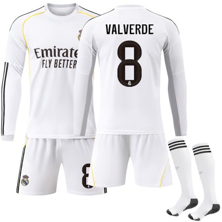 25-26 Real Madrid Hjemme Barn Voksen Langermet Fotballdrakt med Sokker