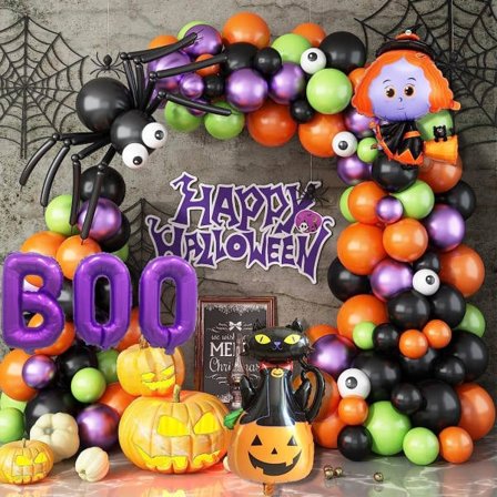 IC Halloween Ballongbue Garland Kit 120 stk, Svart Orange Grønn Lilla Halloween Ballonger BOO metalliske ballonger