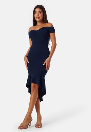 John Zack - Off Shoulder Frill High Low Dress - Navy - Kläder - - Bubbleroom