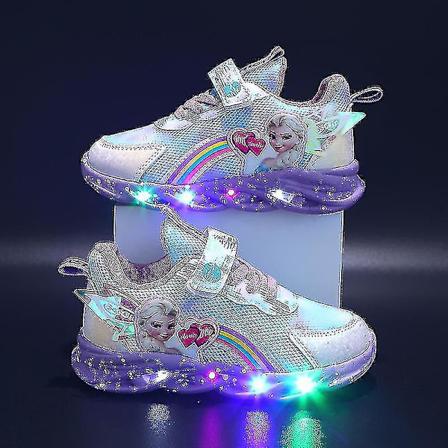 Piger Led Casual Sneakers Elsa Prinsesse Print Udendørs Sko Børn Lys-op Skridsikker Sko Til Forår Og Vinter-yzy Purp 35-insole 21.8cm Purple