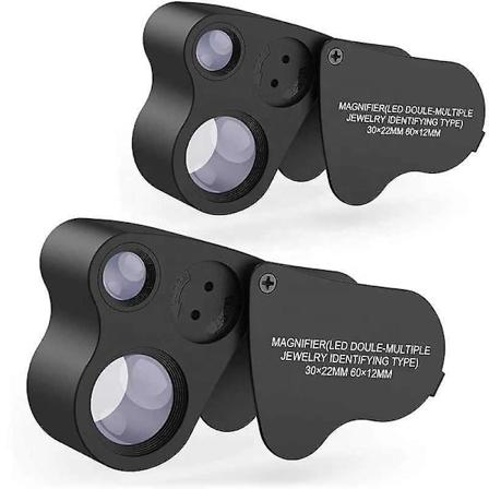 Foldbar Smykkeforstørrelsesglas med Lysstærkt LED-lys - 30x 60x Belysningslupe til Ædelstene, Smykker, Mønter, Frimærker (2 stk.)