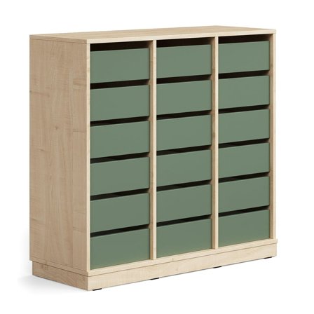Student storage CASPER, 18 drawers, base frame, birch/dark green