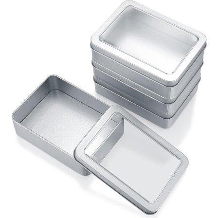 ```html Allecto Premium - Sett med 4 Mini Metallbokser - Rektangulære Oppbevaringsbokser Sølvfarget - Ideell for Godteri og Gaver - 12,5 x 9 x 3,5 cm 