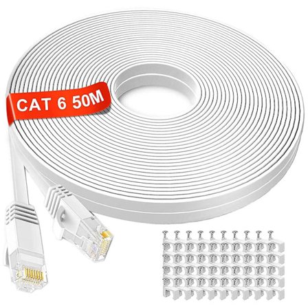 Ethernet Kabel 50m, Cat6 Ekstra Lang Flad Internet Kabel 50 Meter, Højhastigheds Netværkskabel Hvid, Rj45 Stik Lan Kabel Kompatibel