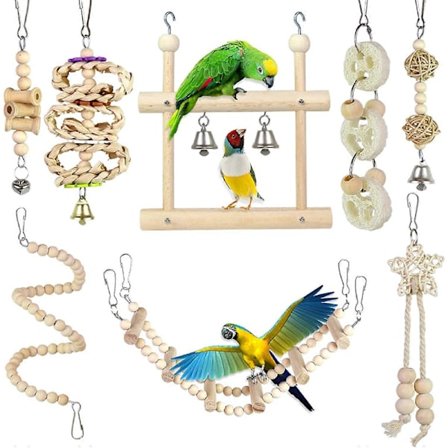 Små Fuglehuskeleker, 8 Deler Papegøyer Tygging Naturlig Tre og Tau Strikk Fugleleke for Ansjos, Parakitter, Kakadue, Conure, Mynah, Macow og Ot