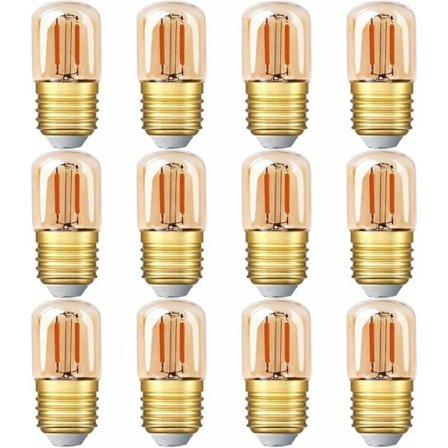 12-pack Mini Rörformad LED-lampa 1W T28 E27 Skruvsockel, 2200K Varmgult Ljus, Amberfärgat Glas, Ej Dimbar, Energiklass G