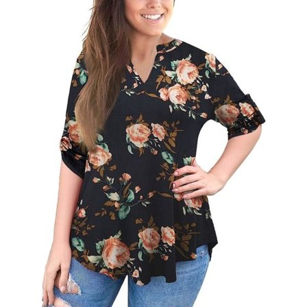 Damtröjor 3/4 rullärmade skjortor med V-ringad Plus Size Blusar