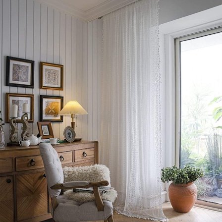 ING Bondegårdsgardiner med stangmønster Vintage boheme geometrisk stribet strikket blondefiltergardiner 150*200cm til soveværelser/karnapper/