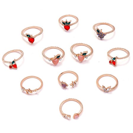 11 st Knuckle Ringar Frukt Strass Kvinnor Utsökt Galvanisering Finger Ringar Smycken Tillbehör
