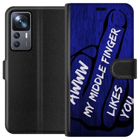 Kompatibelt Lommeboketui til Xiaomi 12T Pro Mørk typografisk illustrasjon med hjerteform og budskap om vennskap mot dyp blå tretekstur