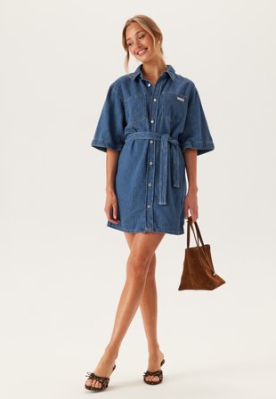 Calvin Klein Jeans Linen Boxy Belted Shirt Dress 1A4 Denim Medium Klær