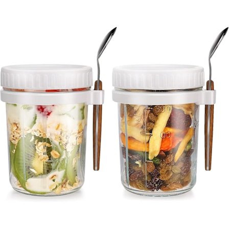 Overnight Oats Glas, Havregrynsbeholder med Låg og Ske, Kornopbevaringsbeholder (Hvid2)
