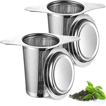 2 stk. tefiltre med håndtag og låg, tebrygger, tefilter til kop, tesil, teinfusionsenhed, tekop infusionsenhed