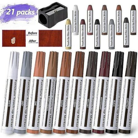 21-delad möbelreparationsset med tuschpennor i filt, för fläckar, repor, trägolv, bord med pennvässare