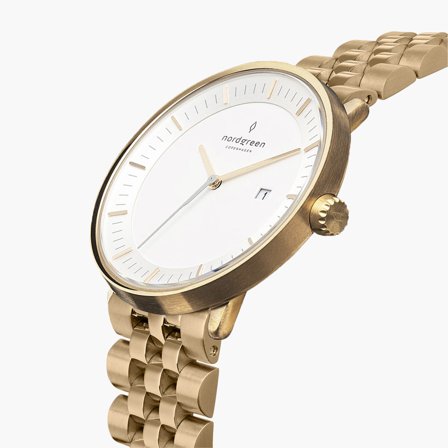 Nordgreen Women's Designer Analogue Watch - Gold Case - White Dial - 5 Linked Metal Watch Strap Philosopher White Dial