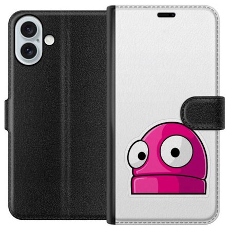 Yhteensopiva Lompakkokotelo Apple Apple iPhone 16 Plus Pinkki sarjakuvahahmo suurilla silmillä leikkisässä ja humoristisessa tyylissä