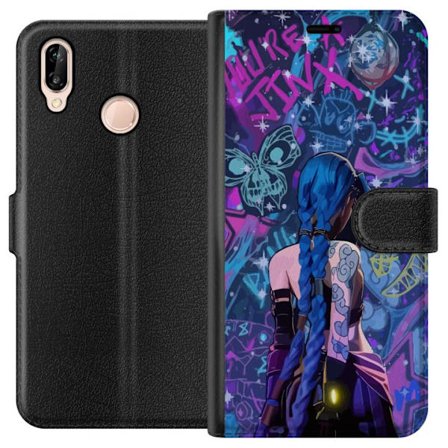 Yhteensopiva Lompakkokotelo Huawei Huawei P20 lite Värikäs graffitipiirros, jossa on sinisellä hiuksilla varustettu hahmo kaupunkimaisessa neon-tyy