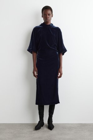 COS Women's Draped Neck Velvet Midi Dress in Blue