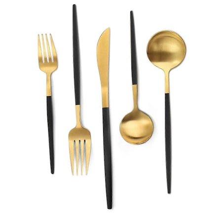 10 Dele Sort og Guld Bestiksæt, Guld Rustfrit Stål Bestik, Luksuriøs Mat Finish, Tåler Opvaskemaskine (FMY)