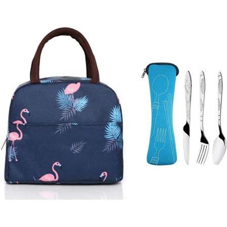 Lunchväska och 3 delar bestick rostfritt stål (kniv, gaffel, sked)