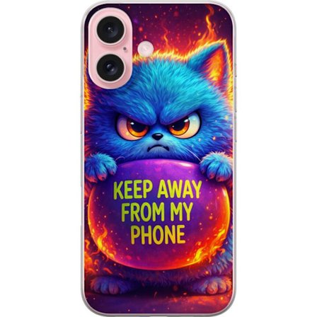 Yhteensopiva Puhelinkuori Apple Apple iPhone 16 Vihainen pörröinen sininen kissa, jossa teksti "Pidä loitolla puhelimestani" neonväreillä ja tuli
