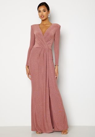 Goddiva - Long Sleeve Glitter Maxi Dress - Rose - Kläder - - Bubbleroom