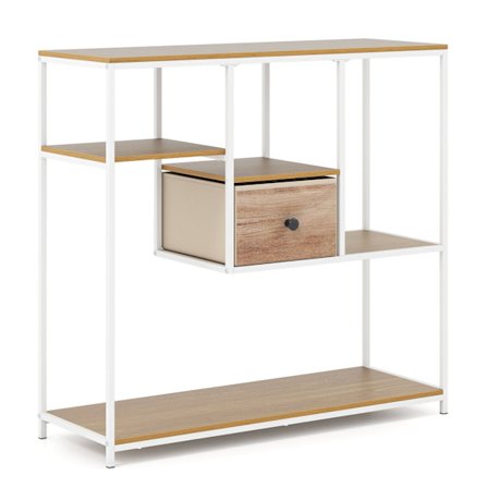 Konsolipöytä säilytystilalla, kangaslaatikolla ja hyllyillä