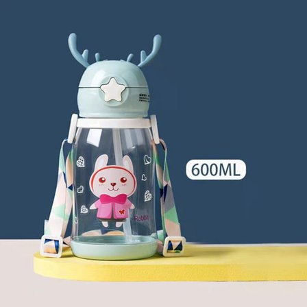 600ml tecknad barnvattenflaska med sugrör och rem Bärbar drickskopp