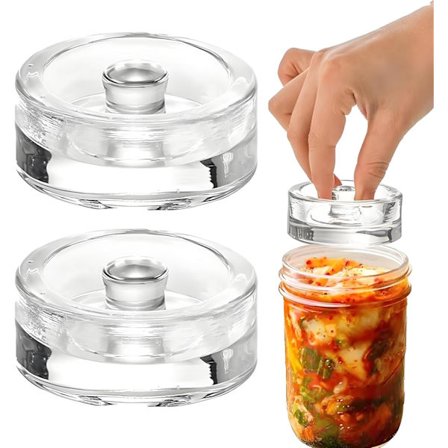 To 2,7-tommers fermenteringsvekter for Mason-krukker med bred åpning, og 200 g glassfermenteringsvekter for hermetisering.