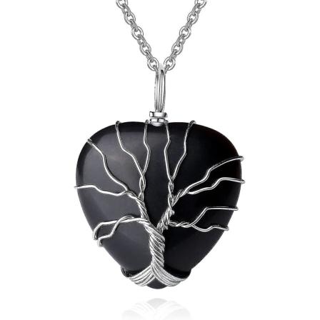 Obsidian Halskæde Healing Krystalsten Halskæde Tree Of Life Ståltråd omviklet Hjerteformet Gem Pe