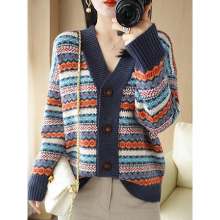 Dam flickor Stickad tröja Koreansk stil V-ringad Etnisk stil Jacquard stickad cardigan