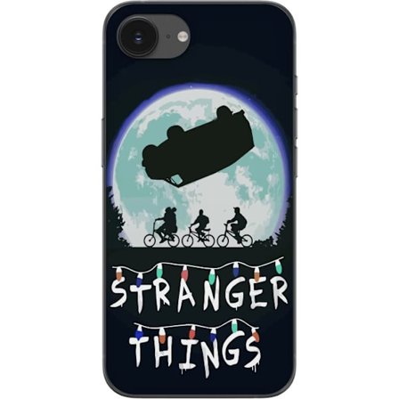 Kompatibel Mobilcover til Apple iPhone 16e Stranger Things plakat med cyklende børn og flyvende bil mod fuldmånen ikonisk scene inspireret af serien p