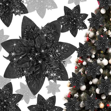 20 stk. juleblomster, svarte kunstige blomster med klips for juledekorasjoner