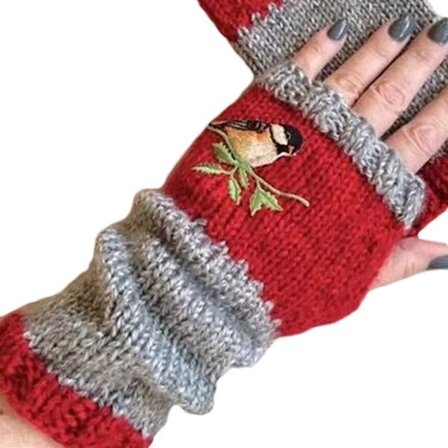 Vinterstrikkede fingerløse handsker til kvinder med fuglebroderi og varm håndledsbeskyttelse.