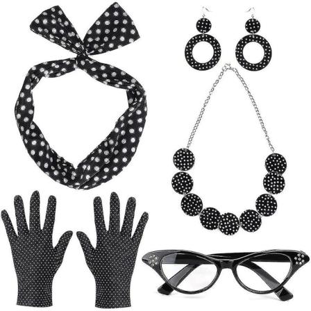 Kvinners 1950-talls Vintage Kostyme Kit 50-talls Retro Fest Tilbehør Sett - Cat Eye Briller, Bandana Tie Hodebånd, Øredobber, Halskjede, Hansker Black