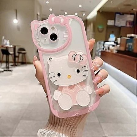 1 stk. Sødt Tegneserie Katte Cover, 3D Sløjfe Kawaii Ansigt Makeup Spejl Kvinder Piger Børn Blød TPU Klar Beskyttende Telefon Cover Pink