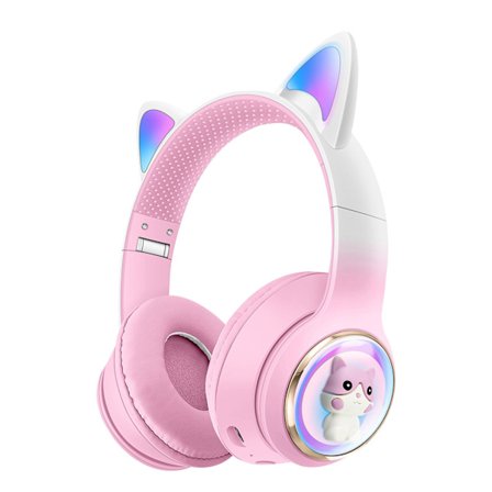 Vikbara Bluetooth-hörlurar med brusreducering och LED-ljus för barn (med mikrofon/TF-kort) - Rosa