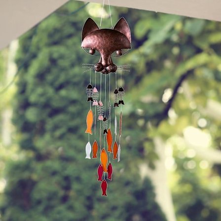 Metal Kat Fisk Vindspil, Retro Kobber Kat og Fisk Håndværk Vindspil, Vindspil Hængende Dekoration til Hjemmehave Terrasse Veranda, Bronze