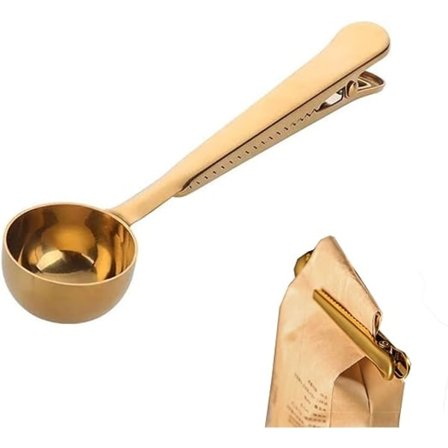 2 gullfarget rustfrie stål kaffemåleskjeer med poseforsegling