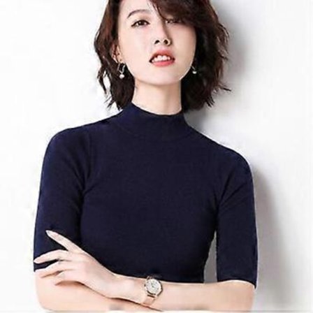 Cashmere Turtleneck Kortärmad Stickad Tröja Dam Bas T Ull Cashmere Tröja (L marinblå)