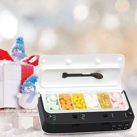 Pilleboks med Alarm, Daglig Medisinpilleorganisator med opptil 7 Alarmer Om Dagen, Smart Pilleboks 6 Rom, Pillepåminnelse for Eldre, Hvit (Hvit