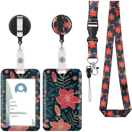 Bricka hållare med snöre, 2 ID-korthållare, utdragbar bricka rullklämma och avtagbar rem (röd blomma)