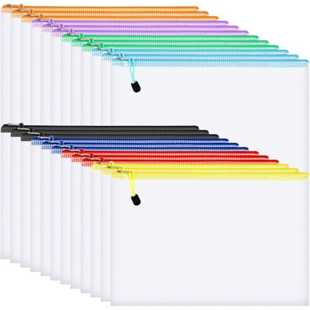 24 stk Plastlommer, Mesh Dokument Zip Lock -poser A4-mappefil Zip-poser Glidelåsmapper for Skolemateriell Kontor Lekser Reiseoppbevaring