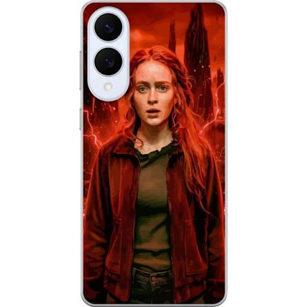 Kompatibelt Mobilskal till Samsung Samsung Galaxy S25 Edge Porträtt av en ung kvinna med rött hår i en apokalyptisk landskap, röda blixtar och mö