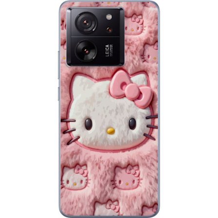 Kompatibel Mobilcover til Xiaomi 13T Hello Kitty lyserød fluffy baggrund med ikonisk ansigt og kawaii-æstetik