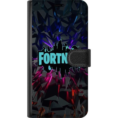 Kompatibelt Lommeboketui til Motorola Motorola Moto E14 Fortnite-logo - Svart bakgrunn med blå neon og fargede lys