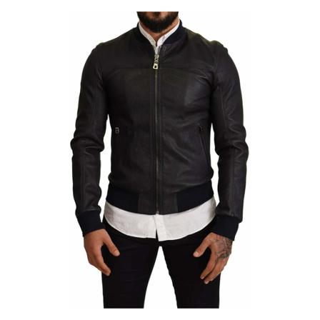 Dolce & Gabbana Leather Full Zip Bomber Jakke Sort, Herre