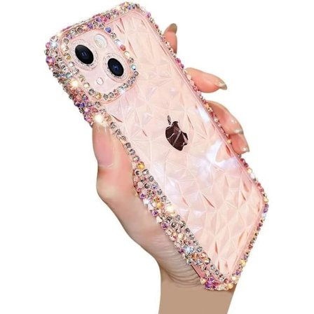 (Rosa, iPhone 15 Pro) Luksuriøst krystalglimmer Bling Glitrende Diamantmønster Kameralinsebeskytter Klart Blødt Stødsikkert Skal Telefoncover